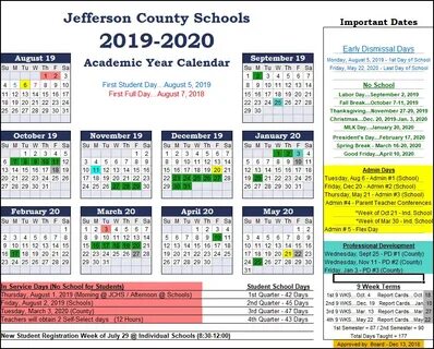 2019-2020 Jefferson County Schools Calendar - Includes Full 