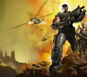 Скачать обои оружие, огонь, взрывы, броня, Gears of War, бой