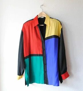 80s -90s Color block Silk Blouse/ Top -Vintage Button up Oxf