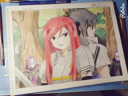 Fairy Tail x Naruto - Erza and Sasuke in a back-to-back pose