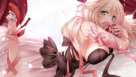 Anime 1920x1080 bra blonde pink dress boobs anime.