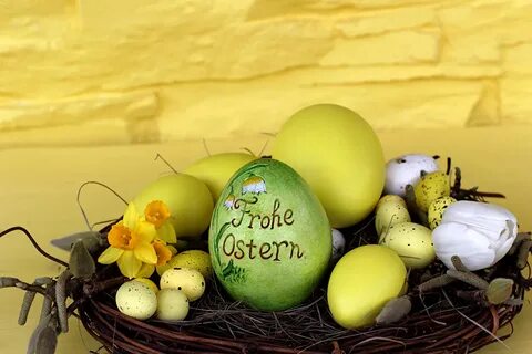 Фотографии Пасха Яйца Гнездо Тюльпаны Нарциссы Праздники