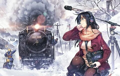 Обои зима, девушка, снег, люди, дым, поезд, аниме, наушники,
