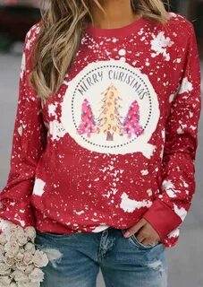 Merry Christmas Tree Leopard Plaid Bleached Sweatshirt - Red