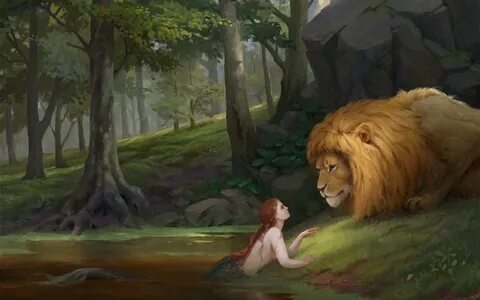 Fantasy girl leon mermaid animal forest red hair wallpaper 1