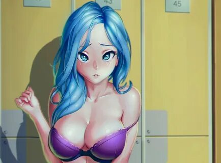Wallpaper : anime girls, blue hair, big boobs, black hair, bra, original charact