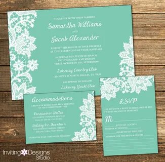 Lace Wedding Invitation, White Lace, Mint, Mint Green and Wh