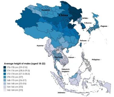 Average height of Asian males aged 18–22 by Vivid Maps Mediu