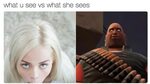 Создать мем "what he sees vs what she sees, what you see wha