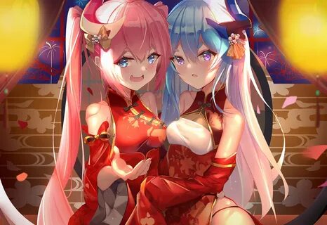 2girls aqua eyes breasts chinese clothes chinese dress cleav