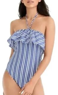 J.Crew Blue White Ruffle Bandeau Striped Swimsuit One-piece 