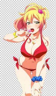 Yellow haired female anime character wearing red bikini illu