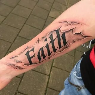 Ripped Skin Faith Lettering Tattoo On Right Forearm