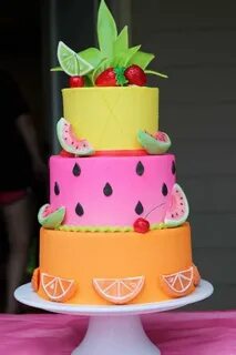 Summer fruit inspired cake. Fruit birthday, Tropical birthda