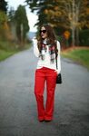 red Red jeans outfit, Red trousers outfit, Red pants outfit