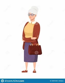 Senior Woman in Casual Clothes. Old Women with Bag and Glass