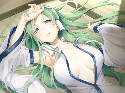 aqua eyes asutora breasts close green hair kochiya sanae long hair open shi...