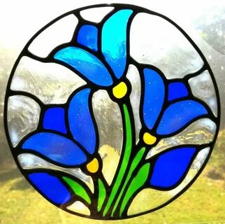 blue tulip flower stained glass type suncatcher window ... S