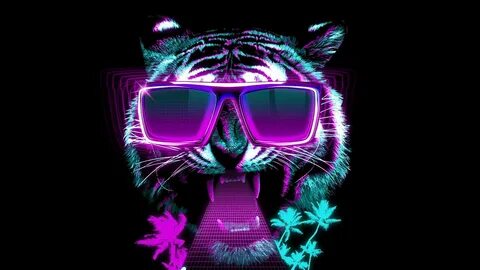 Wallpaper tiger, sunglasses, neon, graphic design, retrowave