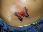 Women's hip red butterfly tattoo