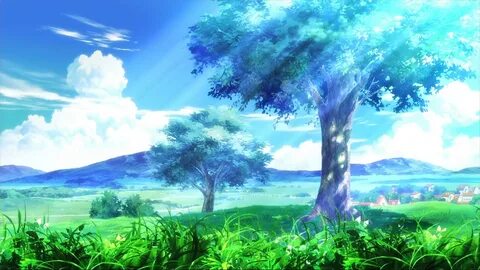 Обои небо, трава, пейзаж, аниме, облака, деревья, город, гор