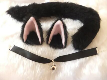 Wired Black Cosplay Cat Set with Ears Tail & Bell Collar Cut