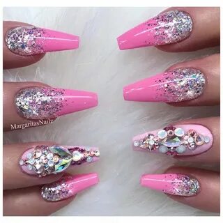 Pink Barbie nails Glitter Ombré nail art design Coffin shape