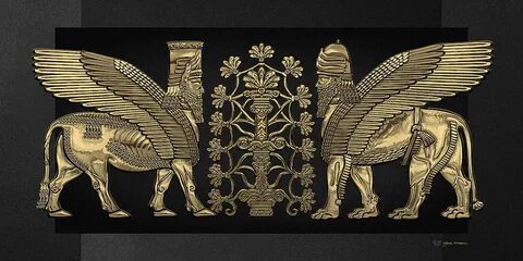 Gold Assyrian Winged Lion and Winged Bull - Lumasi with Tree