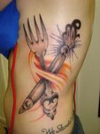 Grey Ink Knife And Fork Tattoo