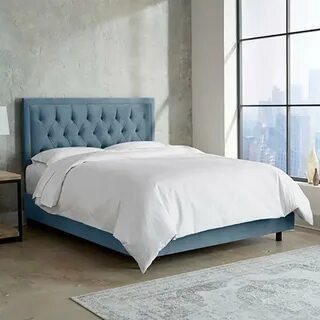 Кровать двуспальная с мягким изголовьем 160х200 см голубая A