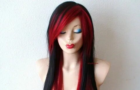 Black /wine Red Wig. 28 Straight Layered Hair Side Bangs Ets