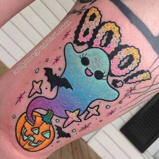 BOO ghost bat tattoo kawaii design in pastel colors Hallowee