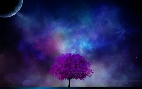 Tree planet 3d art nebula sky sci-fi planet moon stars bloss