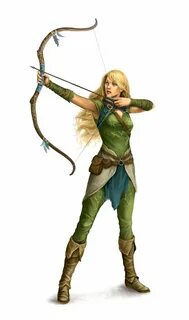 Female Elf Ranger Archer drawing bow - Pathfinder PFRPG DND 