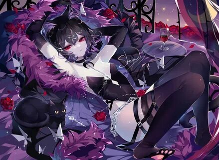 animal animal ears bed black hair cat catgirl drink elbow gloves flowers garter 