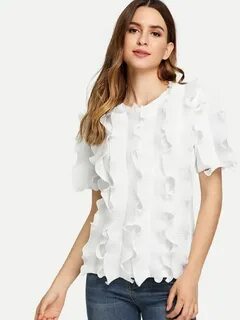 Round Neck Frill Trim Tee -SheIn(Sheinside) Fashion, Round n