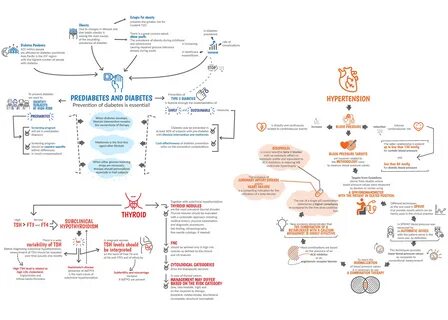 Concept map: Prediabetes & Diabetes, Hypertension, Thyroid E
