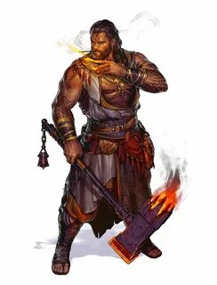 Male Human Bloodrager Barbarian with Fire Hammer and Cigar -