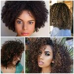 Brown curly hair with caramel highlights