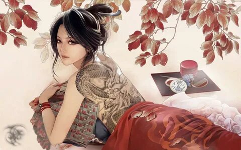 Wallpaper : illustration, women, anime, Asian, tattoo, purpl