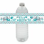 Teal and Gray Elephant Boy Baby Shower Water Bottle Labels -