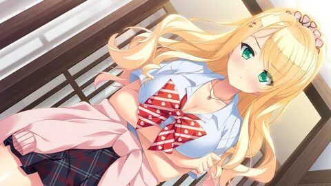 blonde hair blush bow breast hold breasts cleavage game cg g