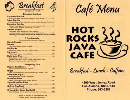 Меню Hot Rocks Java Cafe, Лос-Аламос, W Jemez Rd