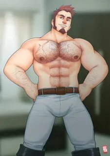 Safebooru - 1boy abs absurdres bara beard belt blue eyes bro