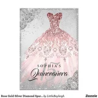 Rose Gold Silver Diamond Sparkle Gown Quinceanera Invitation