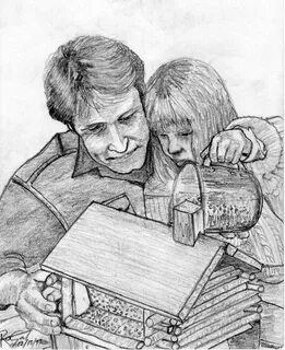 Father and Daughter Pencil Portrait Drawing by Rogal Studio 