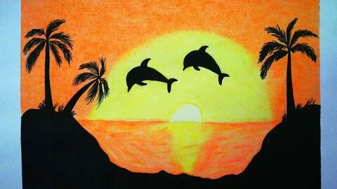 Dolphin jumping up from the ocean at sunset oil pastels draw