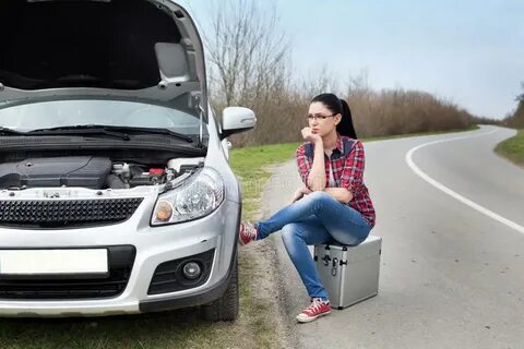 Woman Broken Car Sitting Suitcase Photos - Free & Royalty-Fr