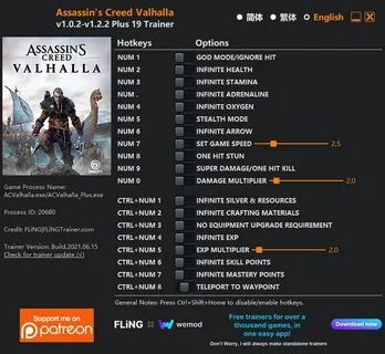 Трейнер/ Trainer Assassin's Creed: Valhalla (+19) 1.0.2 - 1.