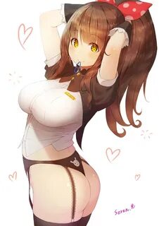 Safebooru - 1girl arms up ass blush bow breasts brown eyes b
